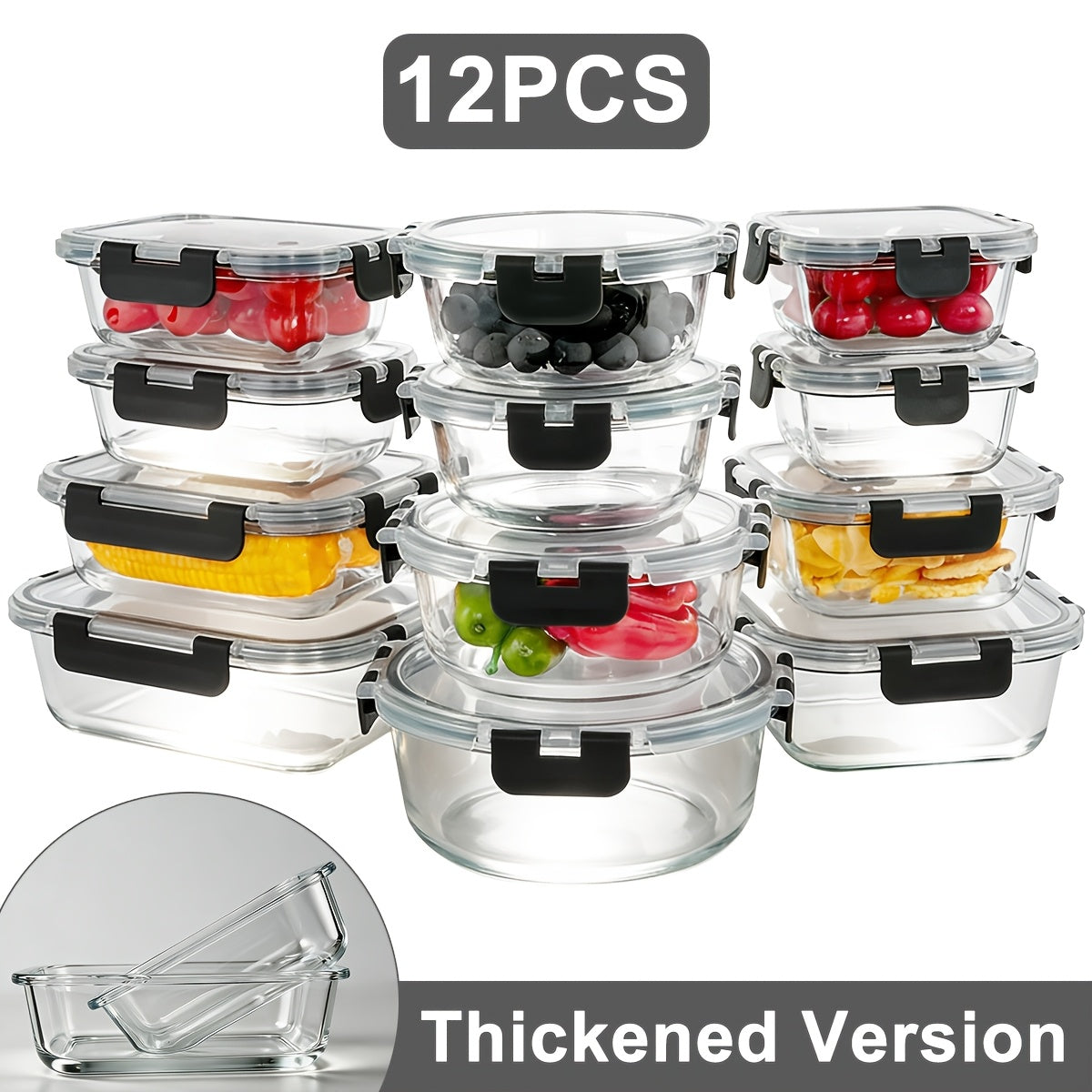 12-Piece Glass Food Storage Container Set with Lids, Airtight and Leak-Proof Meal Prep Containers, Thickened Glass Bento Lunch Boxes, Safe for Microwave, Oven, Freezer, and Dishwasher, Kitchen Pantry Organizer