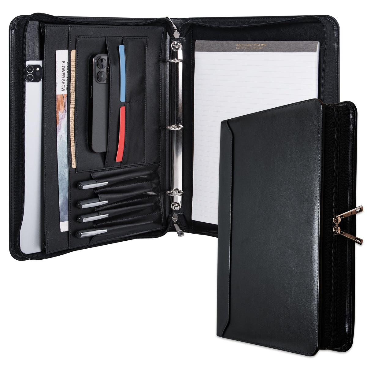 Vegan Leather Portfolio Binder, 3-Ring Zippered A4 Legal Document Organizer with Laptop Pocket for Women and Men