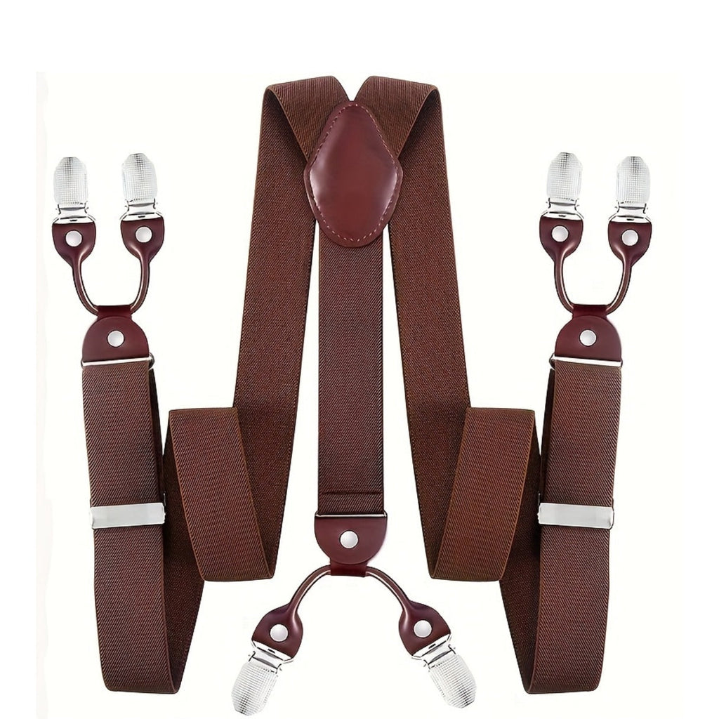 Men's Y-Back PU Leather Heavy Duty Suspenders with 6 Metal Clips – Adjustable Elastic Vintage Style, Black, Gray, Navy Blue, White, Coffee, Beige, Wine Red, for Casual & Formal Wear