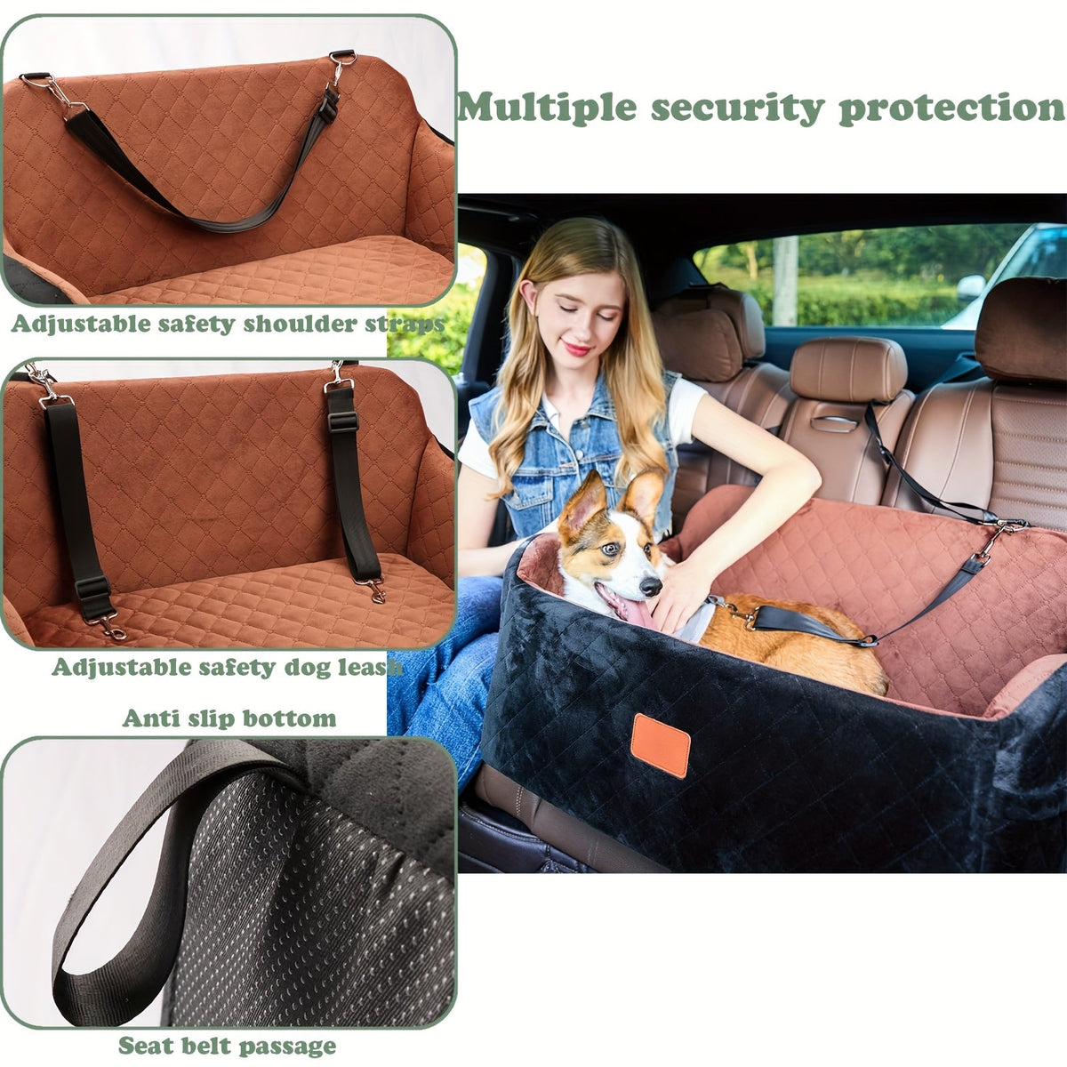 Dog Car Seat for Medium to Large Dogs – Washable Memory Foam Pet Travel Car Bed with Seat Belt Pass-Through, Adjustable Straps & 3-Point Installation, Gray, Black, Brown, All Black, Black-Gray