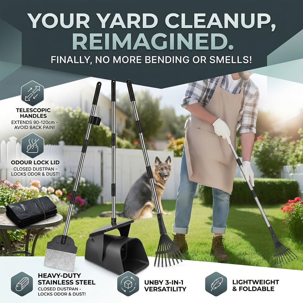 Heavy Duty Dog Pooper Scooper Set with Swivel Bin, Rake & Spade – Long Handle Pet Waste Removal Tool for Grass, Dirt & Gravel, Includes 40 Waste Bags, Great for Large Dogs