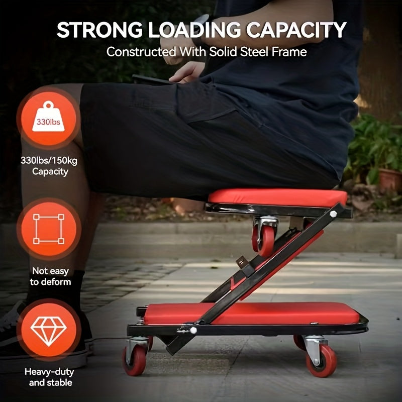 Mechanic Creeper Stool Z-Shape | Foldable 3-in-1 Creeper, Non-Foldable & Sliding Stool | 300LB Capacity, 6 Swivel Casters, Thick Padded Cushion – Garage Rolling Seat, Gift for Men – Red & Grey