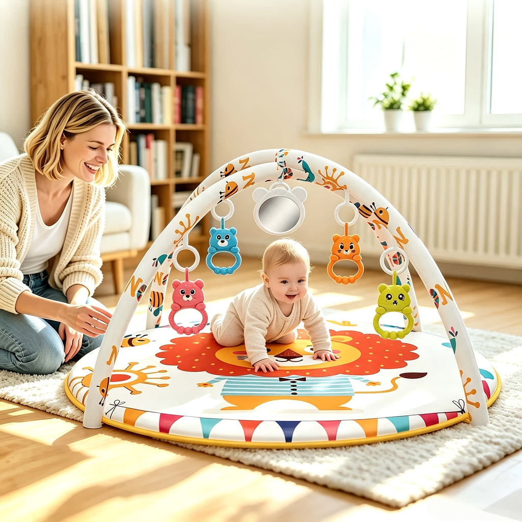 Baby Play Gym & Activity Mat with 5 Detachable Toys, Animal Pattern Infant Tummy Time Mat for 0-12 Months, Sensory Development Crawling Mat with Non-Slip Base, Machine Washable & Foldable