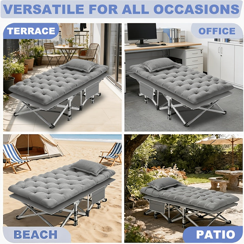 Folding Camping Bed with Mattress & Side Pockets – Heavy Duty Portable Cot for Adults, Foldable Guest Bed for Camping, Outdoor, Courtyard, Terrace, Office, and Guest Room