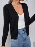 Women's Elegant V-Neck Button-Up Knit Cardigan – Premium Solid Color Medium-Stretch Jersey Sweater, Office Casual Fall/Winter Layering Piece