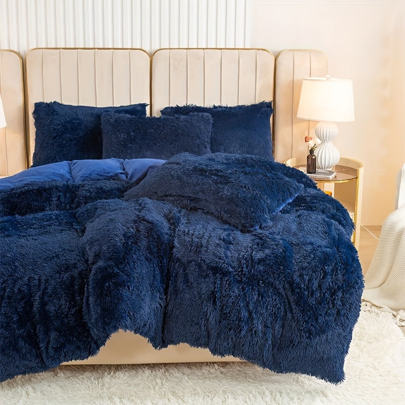 Plush Duvet Cover Set 3 Piece, Long Hair Knitted Polyester, Solid Color Fuzzy Comforter Cover with Zipper Closure, All-Season Soft Cozy Bedding Set for Bedroom, Multiple Colors Available