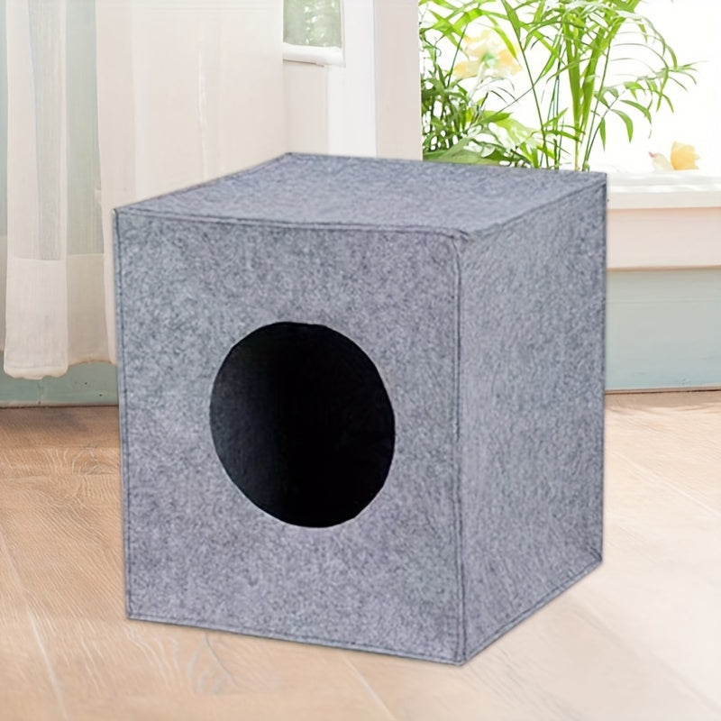 方形毛毡猫窝 可折叠可机洗 – 3mm加厚半封闭猫屋，不塌陷，四季通用室内猫咪睡眠玩耍洞穴，13x14.5x13英寸，深灰色和浅灰色