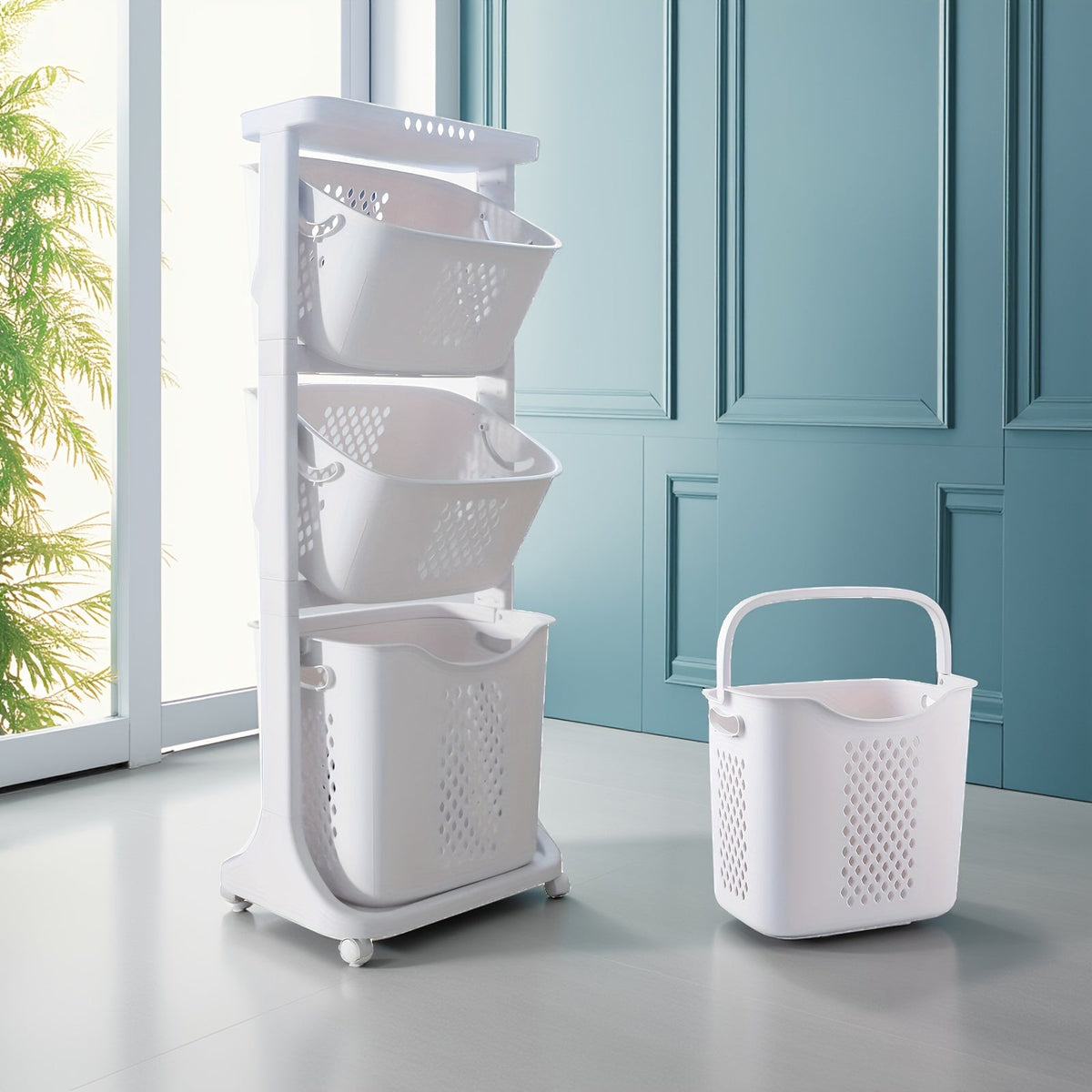 Rolling Laundry Hamper Cart with Wheels – 2/3/4 Tier Large Capacity Laundry Basket with Removable Baskets for Laundry Room Bathroom Organization in White