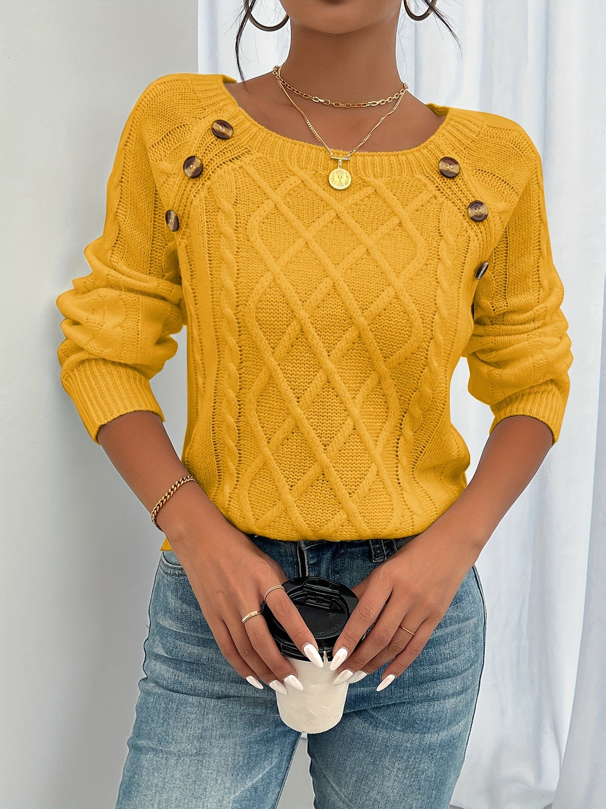 Women's Round Neck Lantern Sleeve Textured Button Knit Pullover Sweater for Fall and Winter, Available in Sizes S-XXL and Multiple Colors