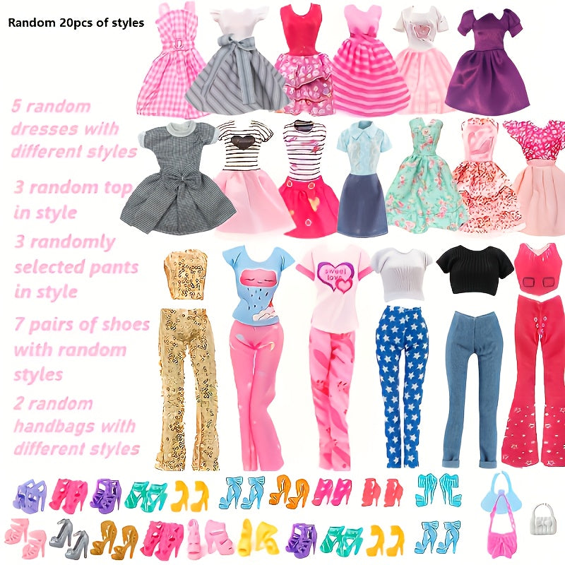 20 Pieces Fashion Doll Clothes and Accessories Set for 11.5-12 Inch Dolls - 5 Dresses 3 Tops 3 Pants 7 Pairs of Shoes 2 Bags, Random Style Doll Outfit Gift for Girls, Christmas Birthday Present, Doll Not Included