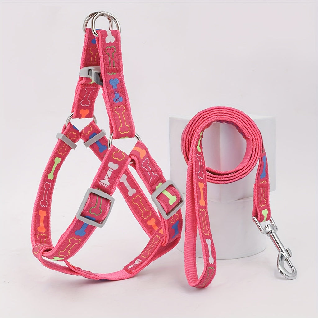 Dog Harness and Leash Set with Bone Pattern - No-Pull Triangle Vest Harness for Small, Medium, and Large Dogs, for Indoor and Outdoor Walking, Pink, Black, Blue, Grey, S M L