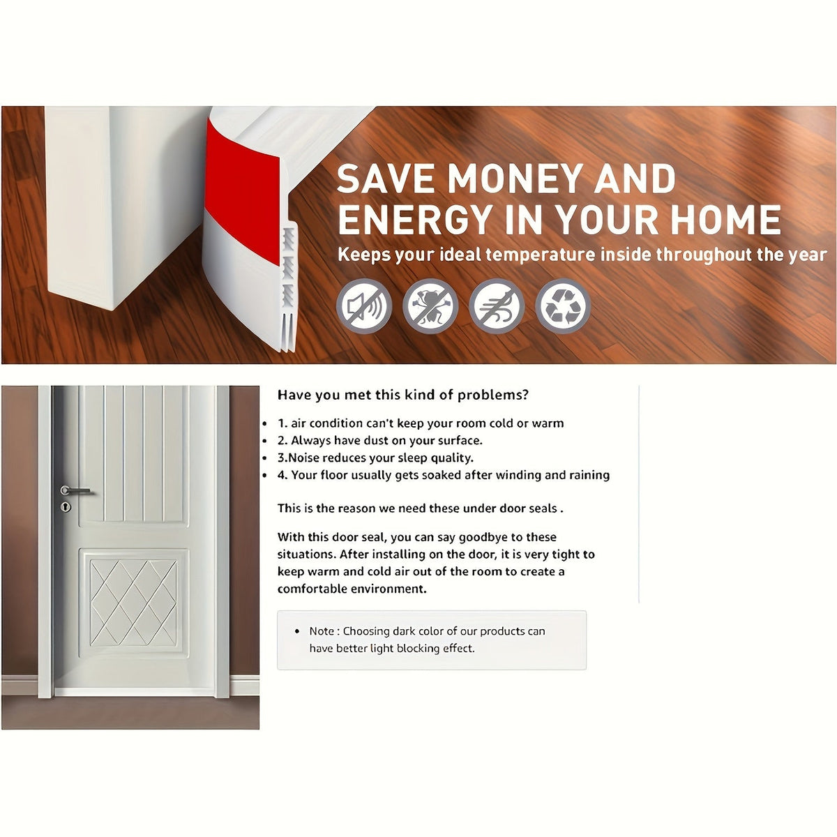 47" Door Draft Stopper - Self-Adhesive Under Door Seal, Adjustable Weather Stripping, 0-1.18" Gap, Noise & Cold Blocker for Exterior & Interior Doors - White, Transparent, Black, Brown & Grey