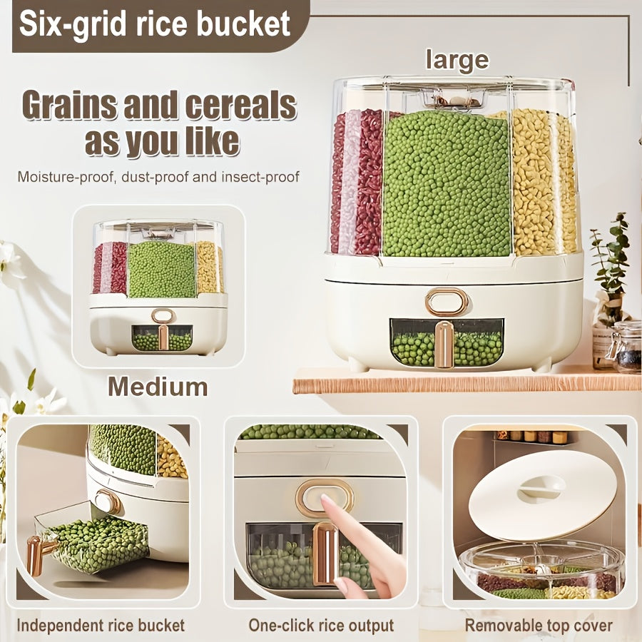 Rotating Cereal Dispenser 6-Grid Large Capacity Airtight Rice Storage Container, Moisture-Proof Insect-Proof Grain Dispenser with Transparent Window & Press Button, Food-Grade PP for Rice, Grains, and Flour