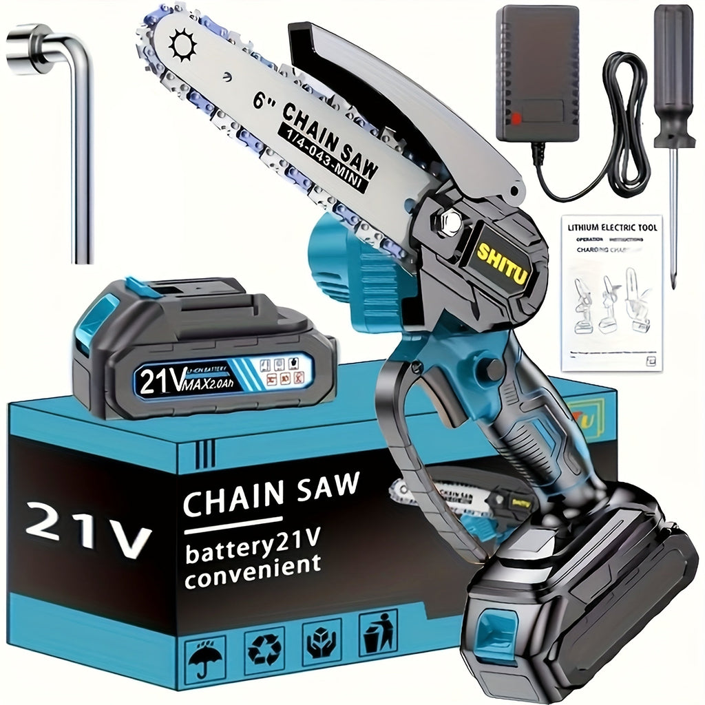 Mini Cordless Chainsaw, Portable Handheld Electric Tree Cutter with Splash Guard and Safety Lock, Rechargeable for Garden and Yard