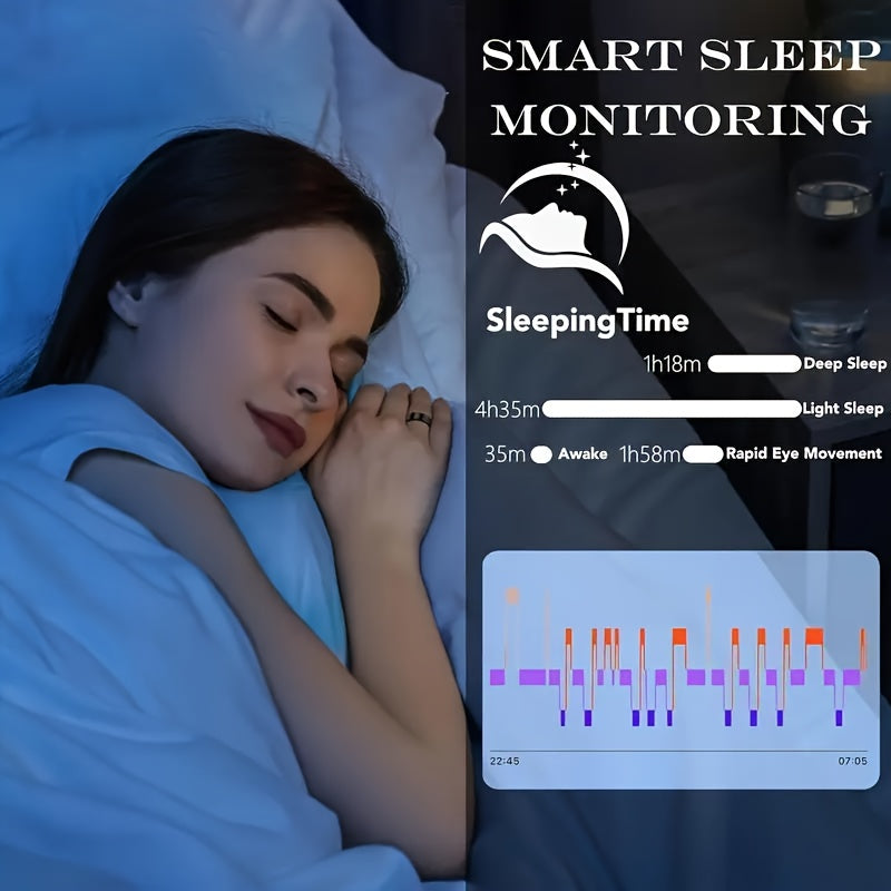 智能戒指，附带充电盒，男女适用——健康与健身追踪器、睡眠追踪器、计步器、距离监测器，兼容 iPhone 和安卓系统，尺码 7-13，黑色、银色和金色