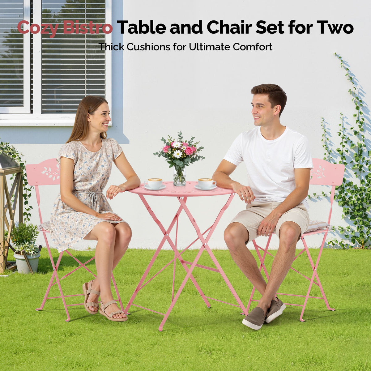 3-Piece Outdoor Folding Bistro Set, Bistro Table & 2 Chairs, Olive Leaf Cutout Design, Cushions Included, Foldable Patio Furniture, for Balcony, Garden, Porch & Yard, Pink/Black/Green/Yellow