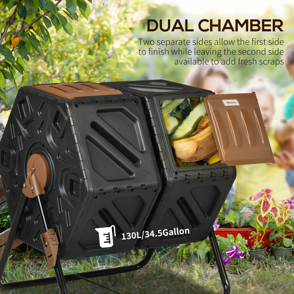 34.5-Gallon Dual Chamber Rotating Compost Tumbler, 360° Spin, 24 Ventilation Openings, Lock Brake, Anti-Clump Divider Bar, Steel Legs, 26.4"x23.6"x30.3", Compost Ready in 1-3 Months, Brown
