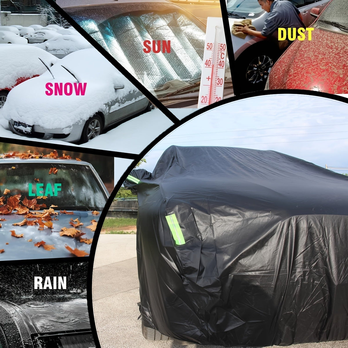 轿车与SUV通用防水车罩 – 全天候防紫外线、防雨、防雪、防尘，加厚190T牛津布，适配183–216英寸车型，附赠收纳袋 – 黑色