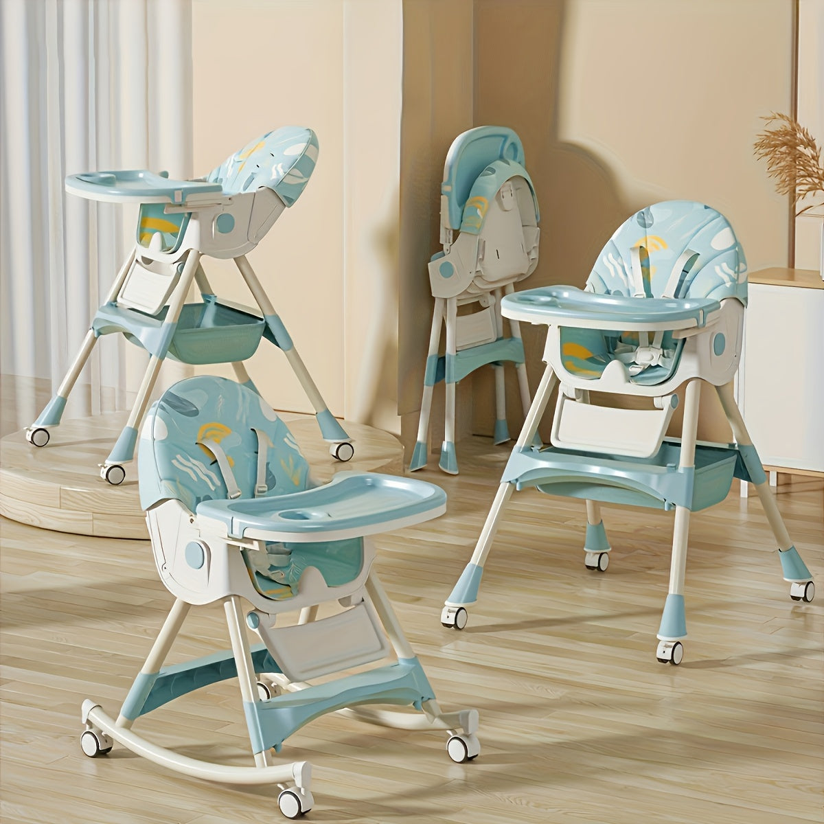 Multi-Functional Adjustable Children's High Chair, 3-in-1 Adjustable Kids Dining Chair with Rocking Chair & Portable Table Function for Home Use, Beige Green & Pink