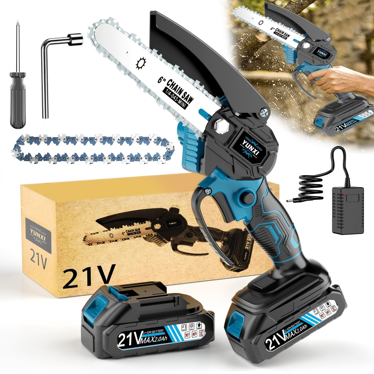 Mini Cordless Chainsaw, Portable Handheld Electric Tree Cutter with Splash Guard and Safety Lock, Rechargeable for Garden and Yard