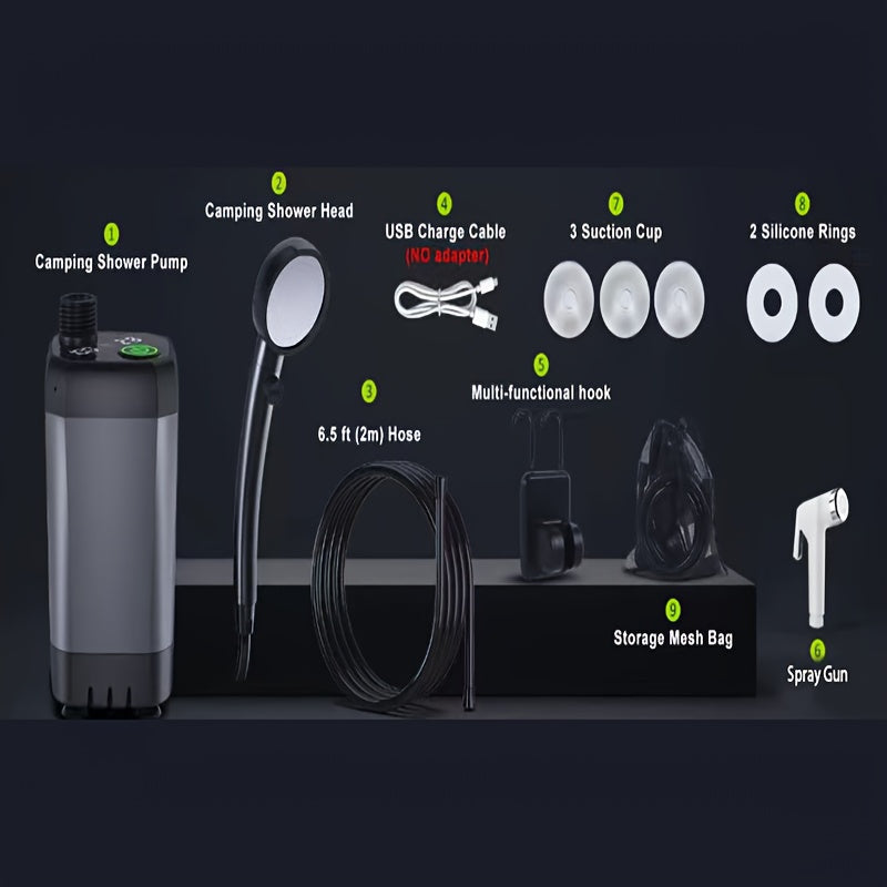 Portable Camping Shower 6000mAh Rechargeable - LED Display, Multiple Modes, IPX7 Waterproof, 120-Min Runtime, 3-in-1 Hook for Hiking, Pet Washing, Car Washing & Beach - Gray & Black