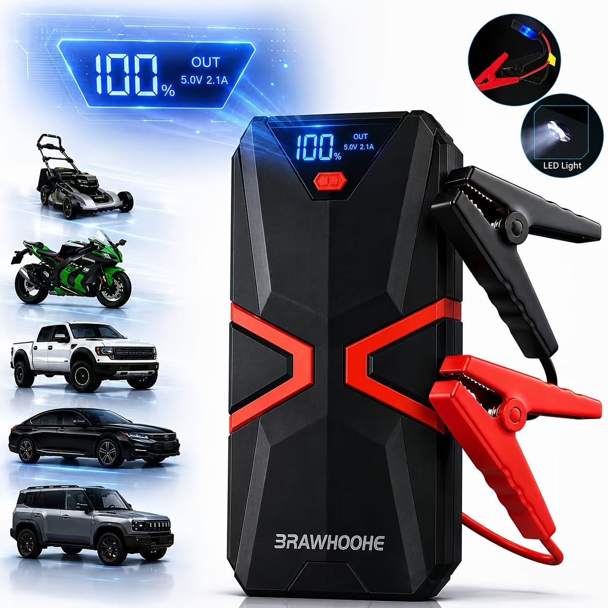 3000A 9-in-1 Car Jump Starter with Built-in Tire Inflator, USB Ports & LED Emergency Light – 12V Portable Wireless Battery Booster for Cars, Trucks & SUVs – Roadside Emergency Tool – Velora