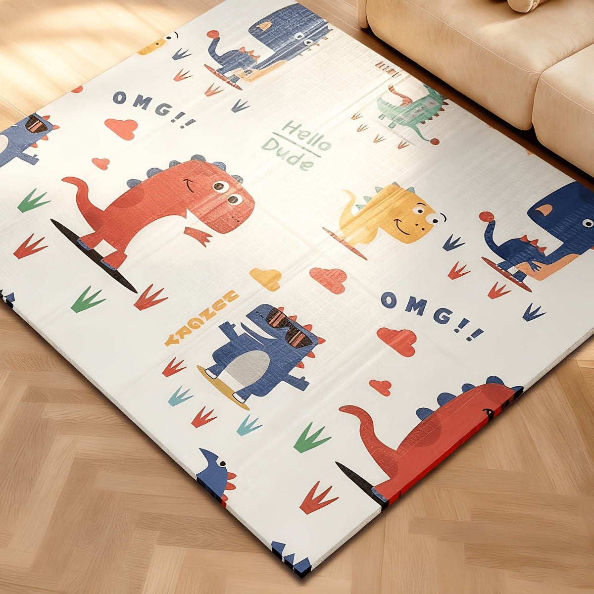 Thickened Baby Crawling Mat, Double-Sided Cute Dinosaur Pattern 47"x47" Floor Play Mat for Infants & Toddlers, Easy to Clean Home Living Room Tummy Time & Crawling Playmat