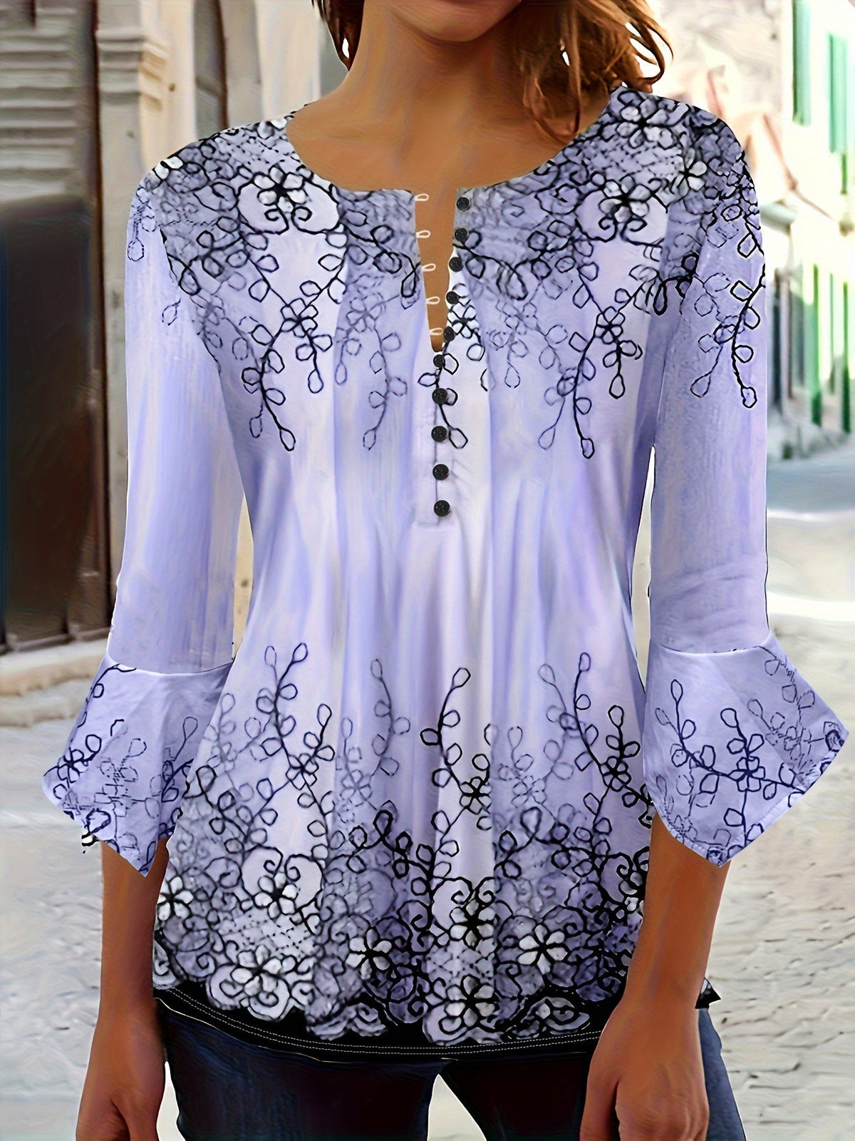 Floral Print Button-Front Blouse Women's Ruffle Flare Sleeve Casual Tunic Top Soft Stretch Knit Fabric Spring Summer Fall S-XXL Machine Washable