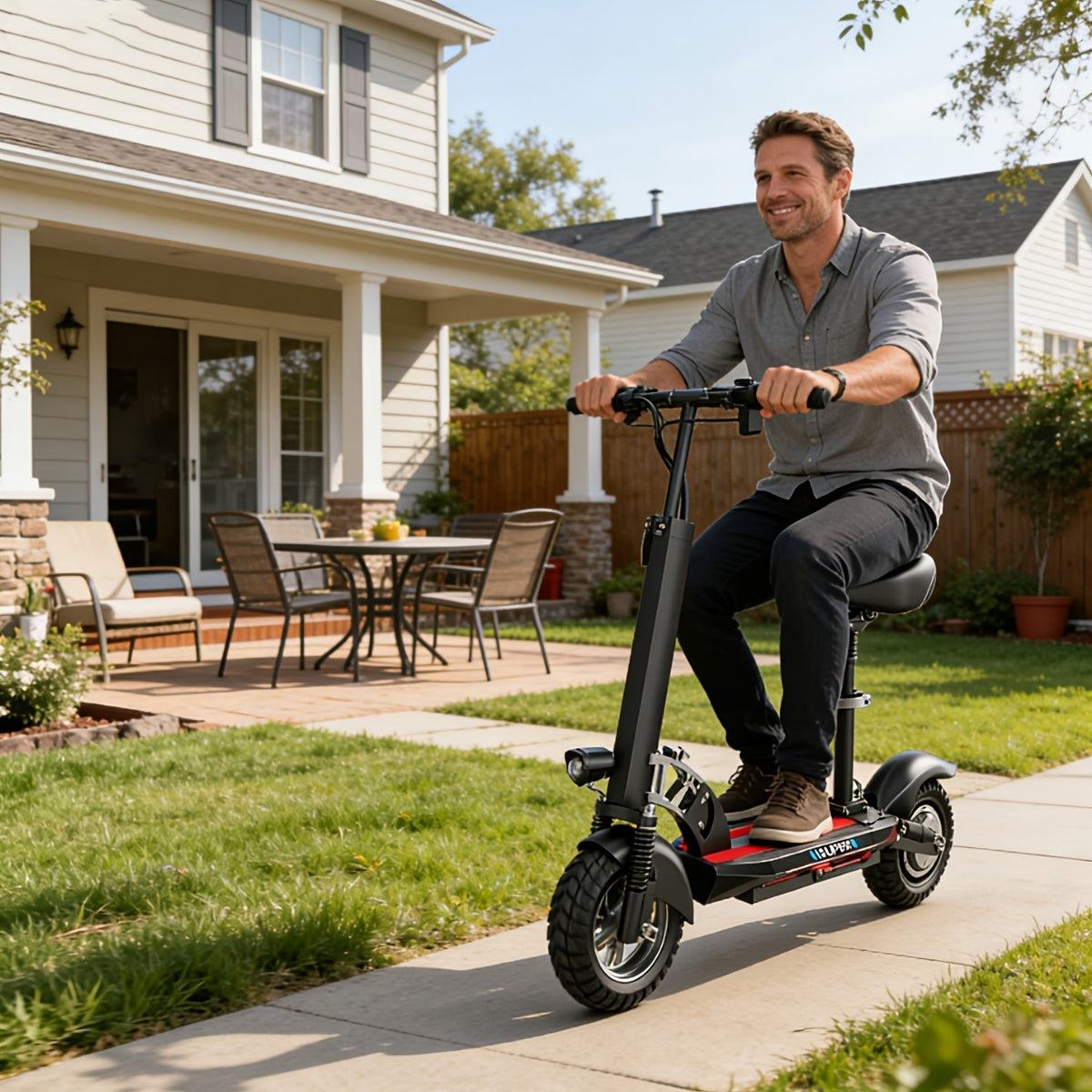 Adult Electric Scooter with Seat, 749W, Off-Road, 35 Miles Range – 48V 16.5Ah Battery, Removable Seat, 3-Speed Modes, Dual Disc Brakes, Multiple Shock Absorbers, Wide Deck Commuter E-Scooter Q5