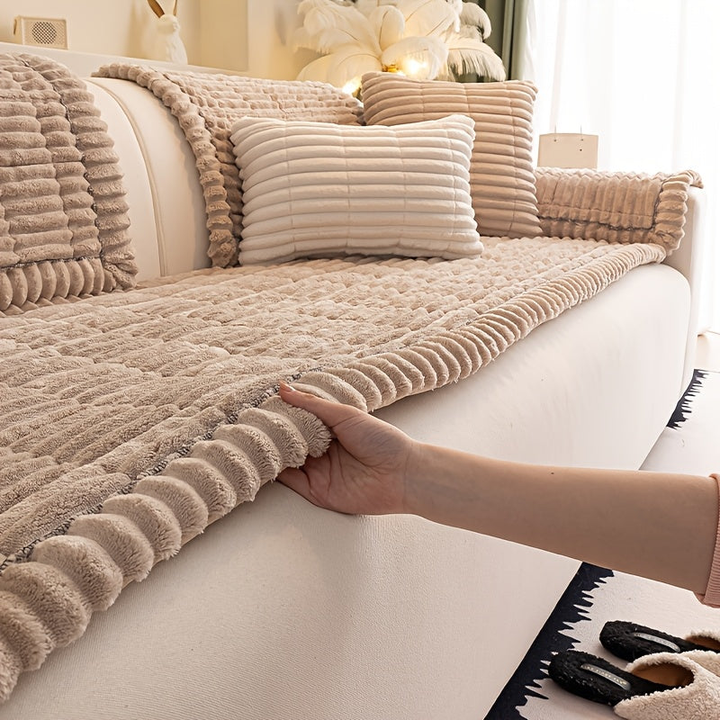Bohemian Plush Thickened Sofa Cover with Ruffled Trim - Pet-Friendly Home Protection - Single Seat, Loveseat, 3-Seater & 4-Seater - Off White, Khaki, Light Grey & Deep Gray