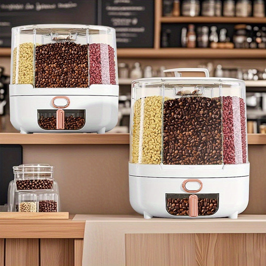 Rotating Cereal Dispenser 6-Grid Large Capacity Airtight Rice Storage Container, Moisture-Proof Insect-Proof Grain Dispenser with Transparent Window & Press Button, Food-Grade PP for Rice, Grains, and Flour