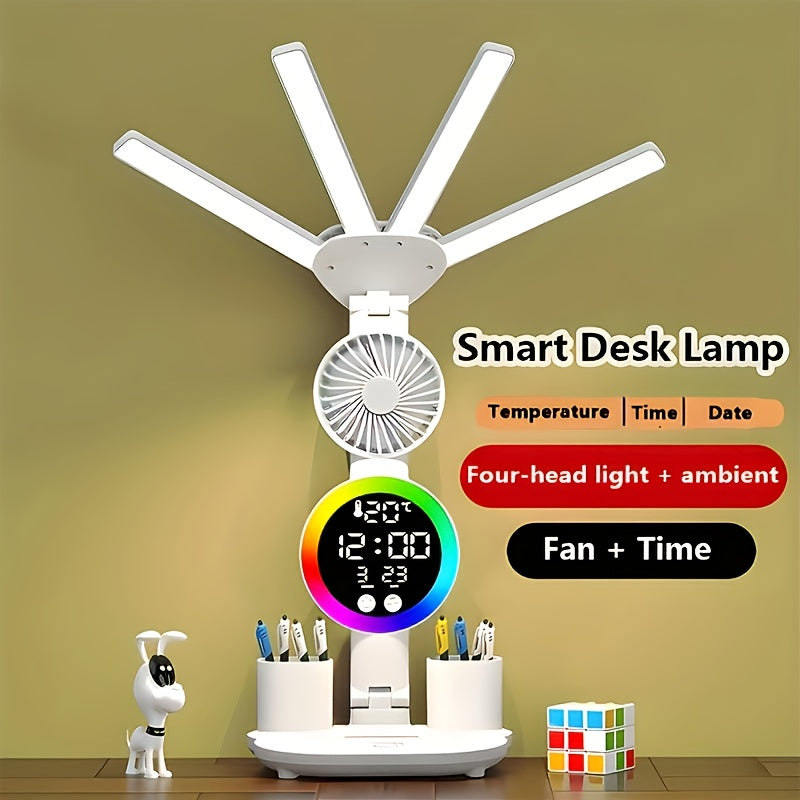 Smart Touch LED Desk Lamp with USB Port, Dual-Head Dimmable Color-Changing Reading Light with Built-In Fan and Night Light, Eye-Friendly for Home, Office, Dorm, and Study, No Battery Required