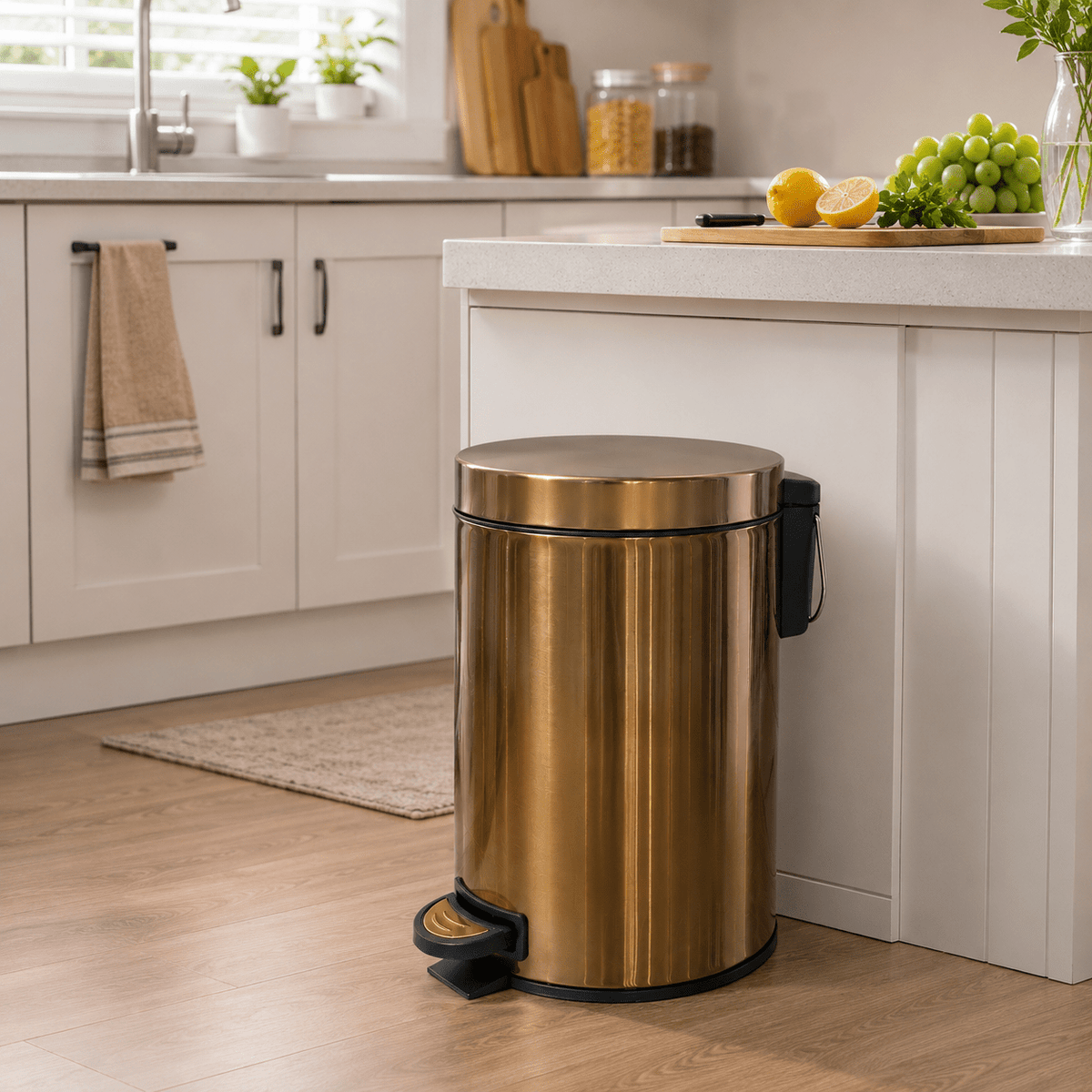 2-Pack 5L Stainless Steel Small Round Pedal Trash Can – Soft Close Lid Foot Pedal & Inner Bucket for Bathroom Kitchen Bedroom Office & Living Room in Gold