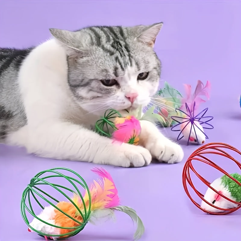 笼球猫玩具（带羽毛和尾巴）——猫咪互动铁丝笼玩具套装，小猫彩色仿真羽毛摇铃球玩具，耐用布艺猫咪益智玩具，无需电池，多规格可选