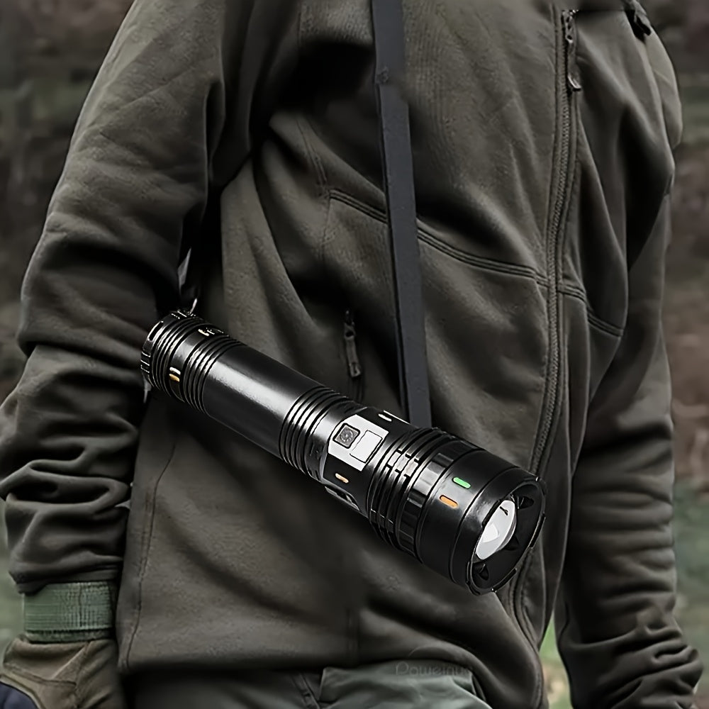 High-Power LED Tactical Flashlight with Shoulder Strap - Adjustable Beam, USB Rechargeable, Lightweight ABS for Camping, Travel, Emergency & Patrol