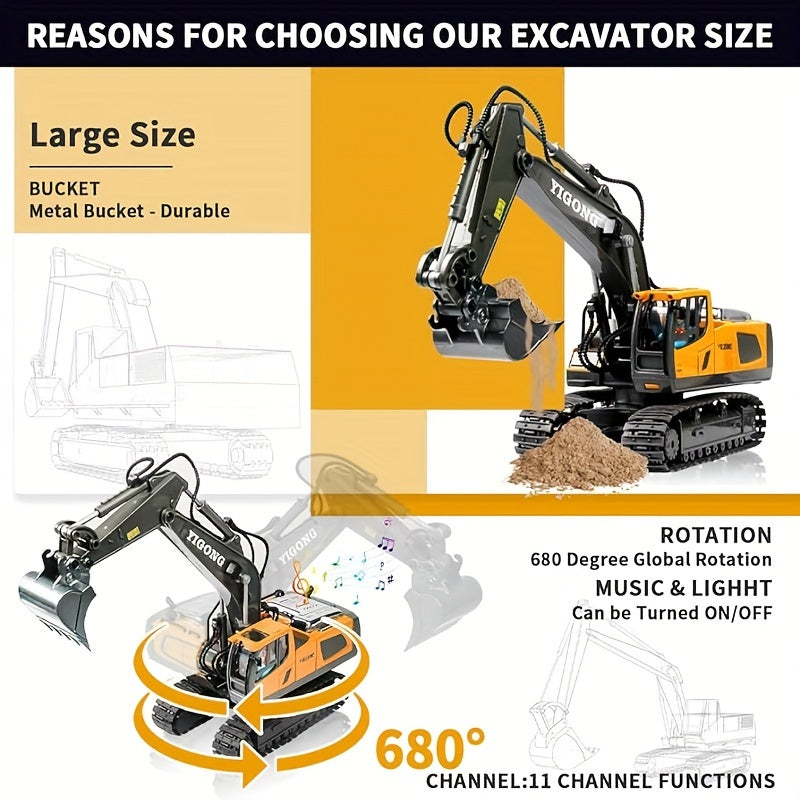Remote Control Excavator Toy Set with Metal Shovel, LED Lights, 1200mAh Battery, RC Construction Truck, Bulldozer, Dump Truck, and Loader Combo for Boys Ages 6 and Up, Birthday or Christmas Gift