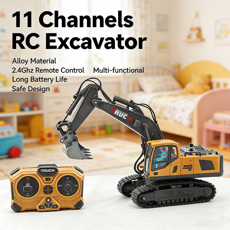 Remote Control Excavator Toy Set with Metal Shovel, LED Lights, 1200mAh Battery, RC Construction Truck, Bulldozer, Dump Truck, and Loader Combo for Boys Ages 6 and Up, Birthday or Christmas Gift