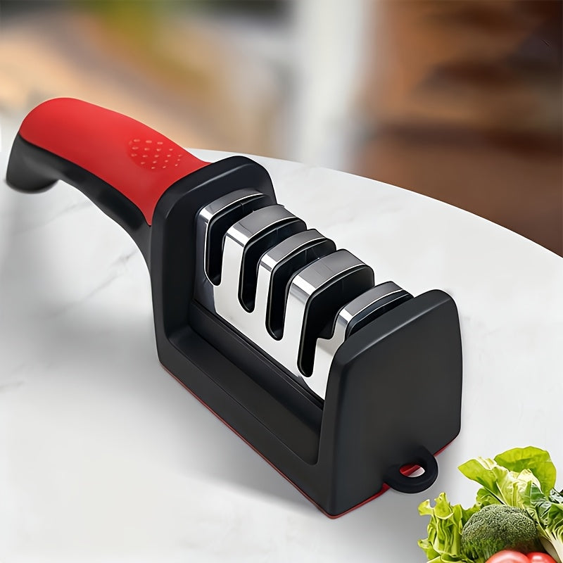 4-Stage Professional Knife Sharpener - Tungsten, Diamond & Ceramic Whetstone Stages, Non-Slip Grip, Fast & Precise Sharpening - Kitchen & Chef Knives - Red & Black