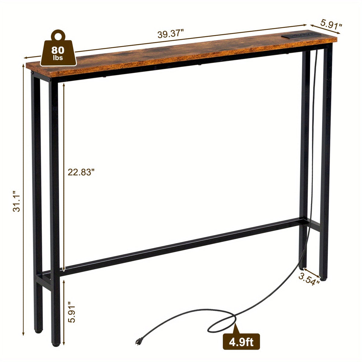 Narrow Console Table with Charging Station – Built-In Outlets USB Ports Metal Frame Slim Sofa Table 39.4" / 78.7" for Living Room Apartment in Rustic Brown Oak Black