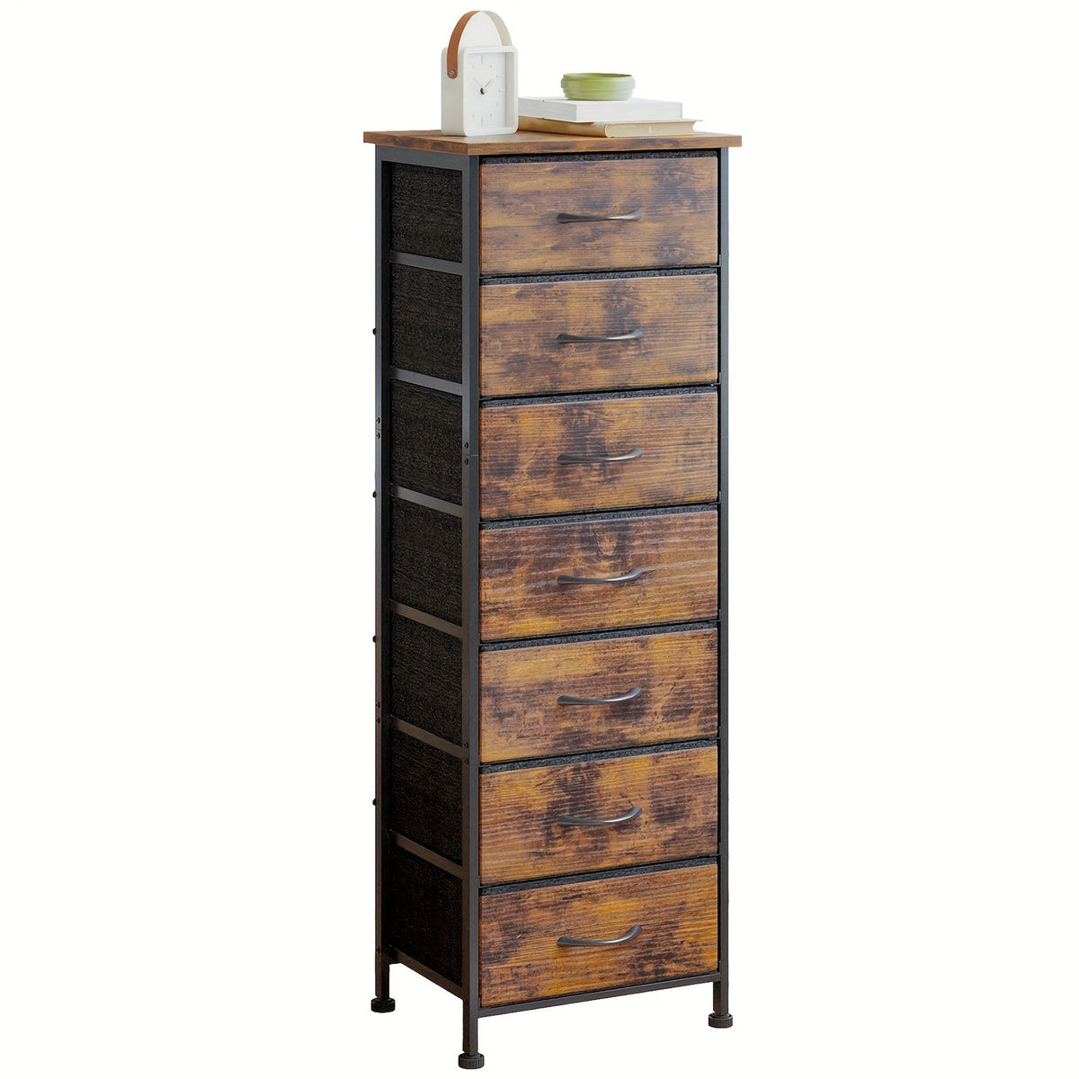 WHONLINE Tall Dresser 6 or 7 Drawer Bedroom Storage Organizer Vertical Chest of Drawers Sturdy Steel Frame Nightstand for Closet & Dorm – Gray Brown Black White