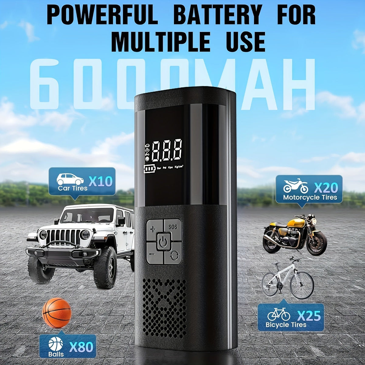 便携式充气泵 150PSI 无线空气压缩机 | 6000mAh 电池，3倍快速充气，LCD 压力表，自动关机，LED 灯，USB-C – 适用于汽车、摩托车、自行车及球类