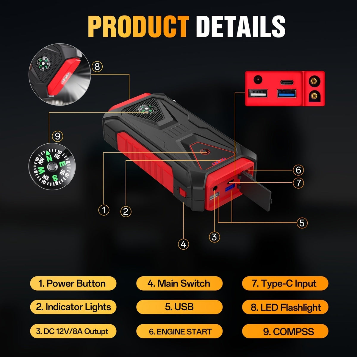 5000A Peak Jump Starter, 12V Portable Car Battery Starter for Gas & Diesel Engines – LED Flashlight, SOS Light, Safety Hammer, Compass & USB Power Bank, 74Wh Lithium Battery
