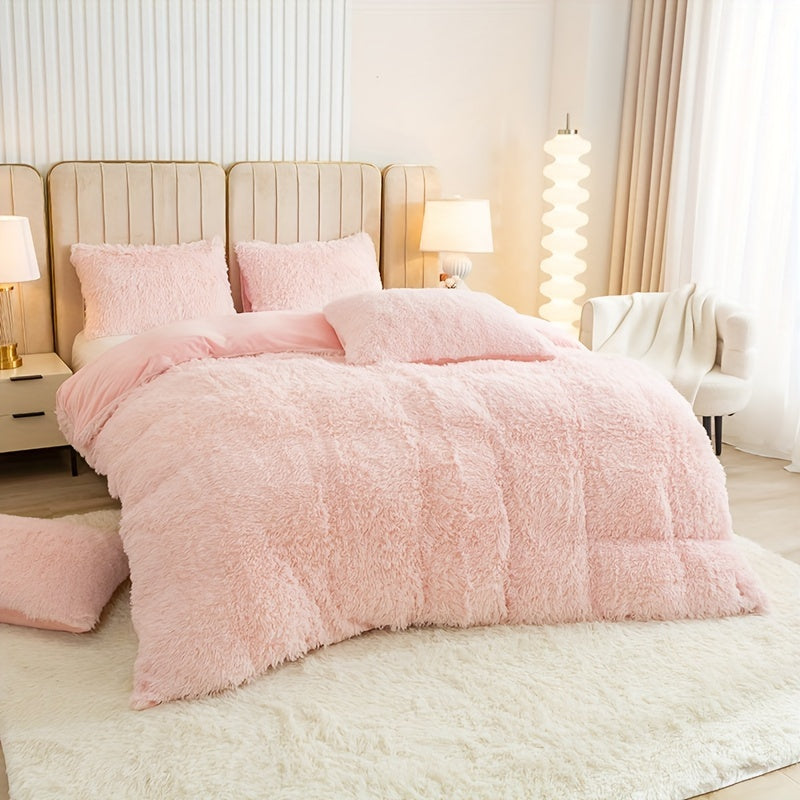 Plush Duvet Cover Set 3 Piece, Long Hair Knitted Polyester, Solid Color Fuzzy Comforter Cover with Zipper Closure, All-Season Soft Cozy Bedding Set for Bedroom, Multiple Colors Available