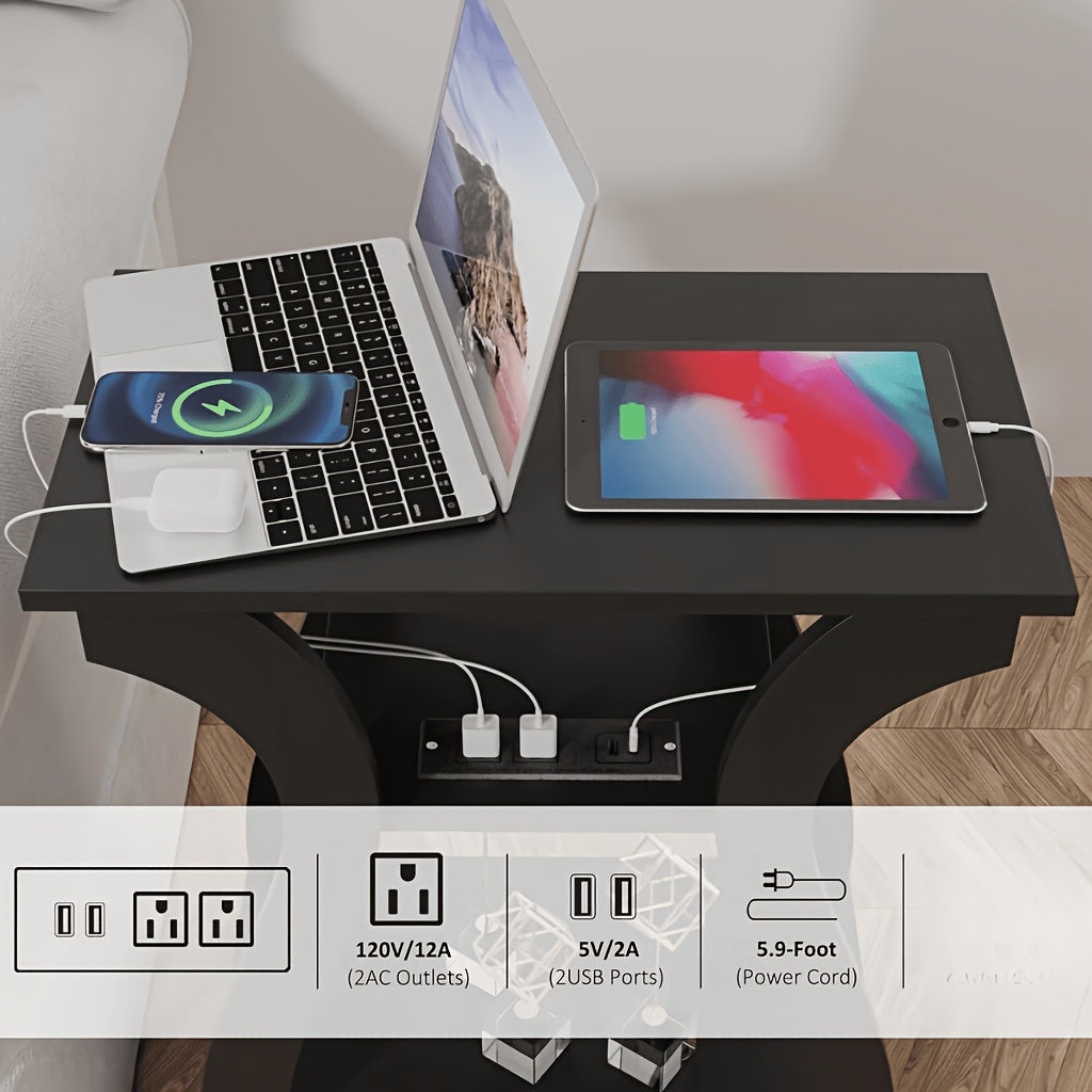 3-Tier Nightstand with Charging Station – Slim Side Table with USB Ports & Outlets for Bedroom Living Room Small Spaces in Black & Gray