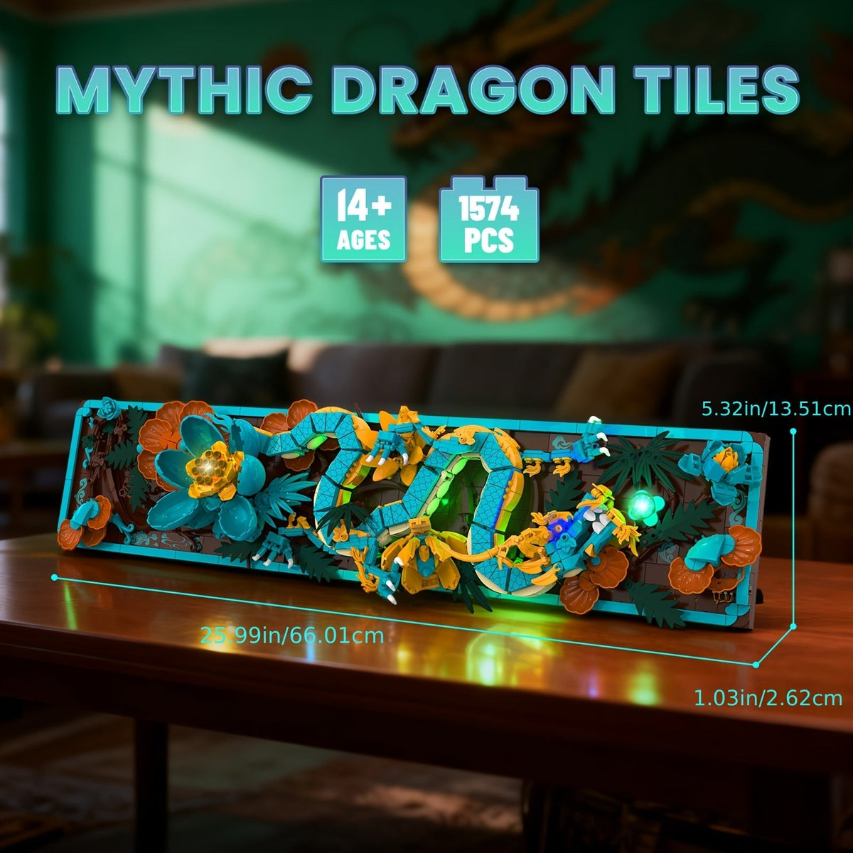 Dragon Wall Art Building Block Set, 1574 Pieces, LED Light Mythic Dragon Tile Frame Kit for Adults, Teens, Home Office Decor, STEM Creative Gift, Ages 14+