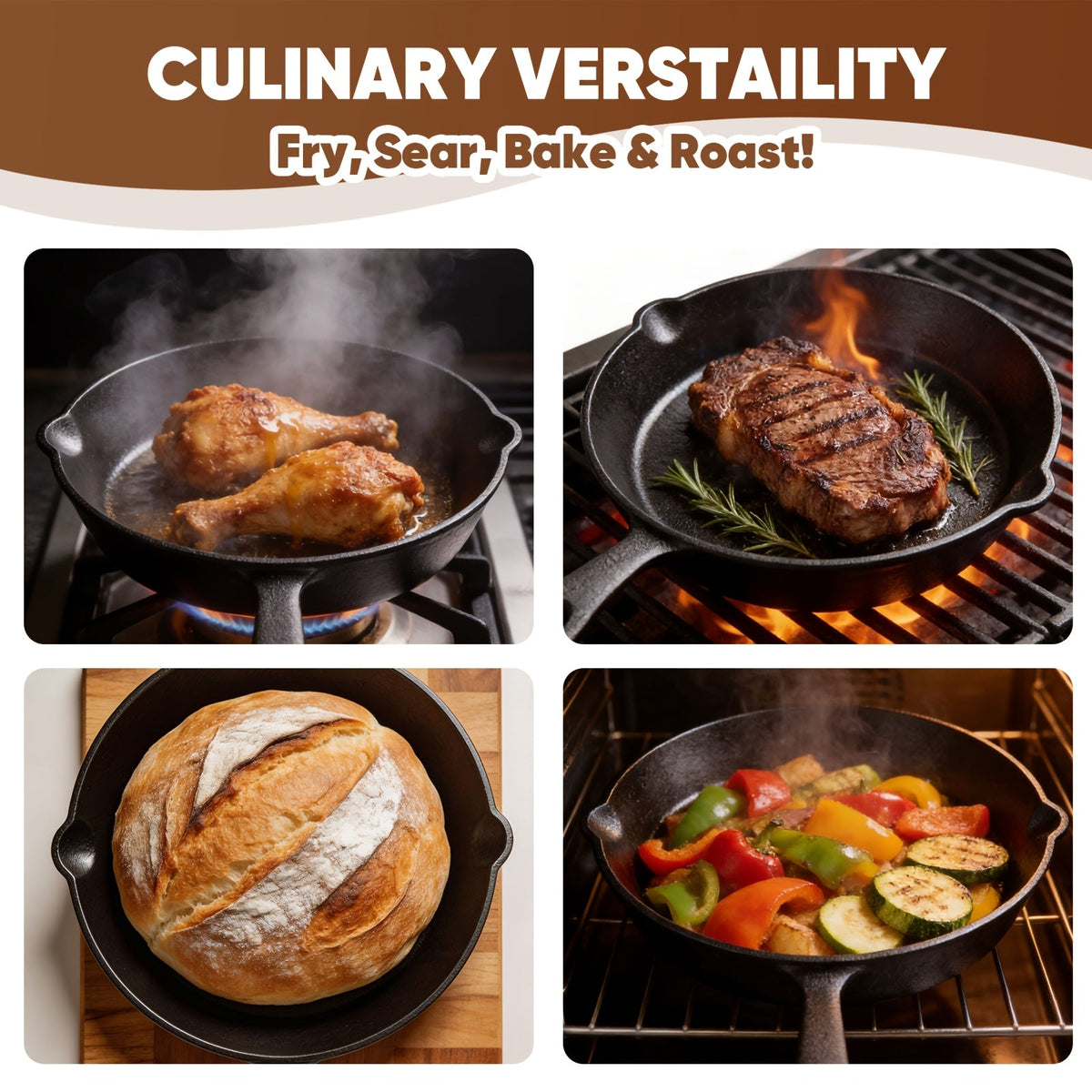 3-Piece Cast Iron Skillet Set (6, 8, 10 Inch), Pre-Seasoned Non-Stick Heavy-Duty Cookware, Oven, Grill, and Campfire Safe, Even Heat Distribution for Steak, Cornbread, and Baking – Rustic Kitchen Cookware