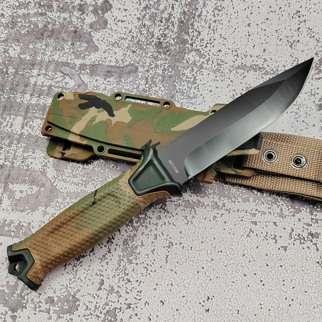 Outdoor Fixed Blade Knife – Stainless Steel Straight Blade, Non-Slip Handle, K-Sheath, EDC Hunting, Fishing, Camping, Survival Knife, Camouflage, Multi-Purpose Field Tool for Men