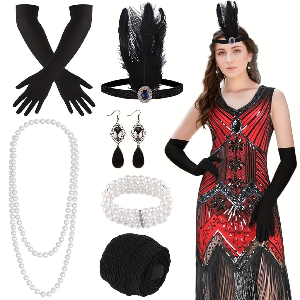 1920s Flapper Dress Women's Sequin Beaded Fringe V-Neck Great Gatsby Costume with Accessories Set S-XL Red Black Gold