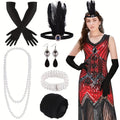 1920s Flapper Dress Women's Sequin Beaded Fringe V-Neck Great Gatsby Costume with Accessories Set S-XL Red Black Gold