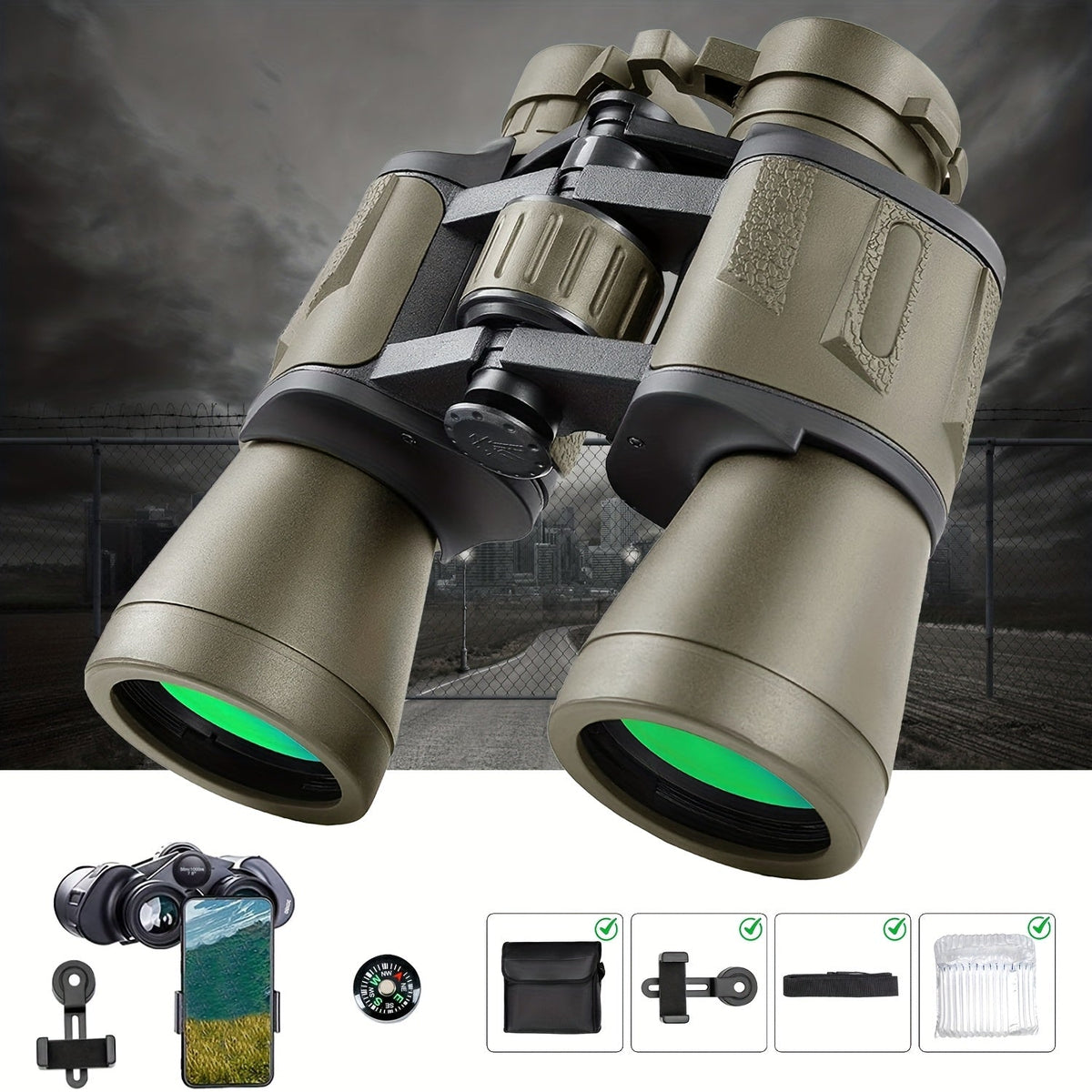 12x42 HD High-Powered Binoculars for Adults with Phone Adapter for Bird Watching, Hunting, Travel, and Concerts, Includes Carry Case, Neck Strap - Mud Black Green